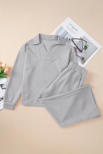 Load image into Gallery viewer, Light Grey Solid Textured Collared V Neck Top and Wide Leg Pants Set
