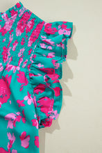 Load image into Gallery viewer, Green Floral Smocked Detail Ruffled Plus Size Blouse
