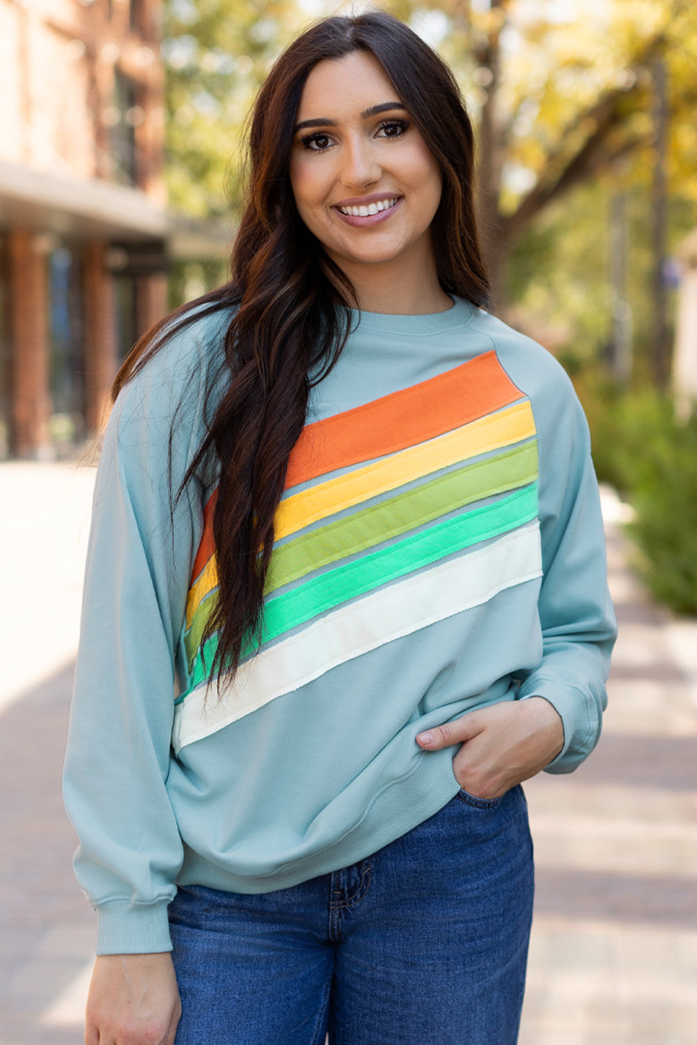 Apricot Rainbow Colorblock Striped Pullover Sweatshirt