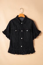 Load image into Gallery viewer, Black Raw Edge Ruffled Short Sleeve Denim Jacket
