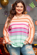 Load image into Gallery viewer, Pink Stripe Color Block Balloon Sleeve Crewneck Plus Size Sweater
