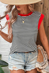 Black Stripe Colorblock Edge Round Neck Tank Top