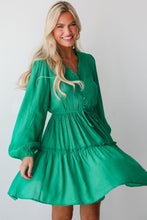 Load image into Gallery viewer, Sea Green Frilly V Neck Puff Sleeve Drawstring Shift Mini Dress
