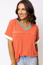 Load image into Gallery viewer, Grapefruit Orange Contrast Trim Exposed Seam V Neck T-shirt
