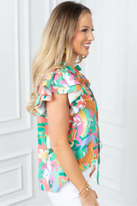 Green Frilly Ruffle Tie Split Neck Summer Floral Blouse