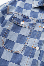 Load image into Gallery viewer, Light Blue Checkered Patchwork Button up Denim Jacket
