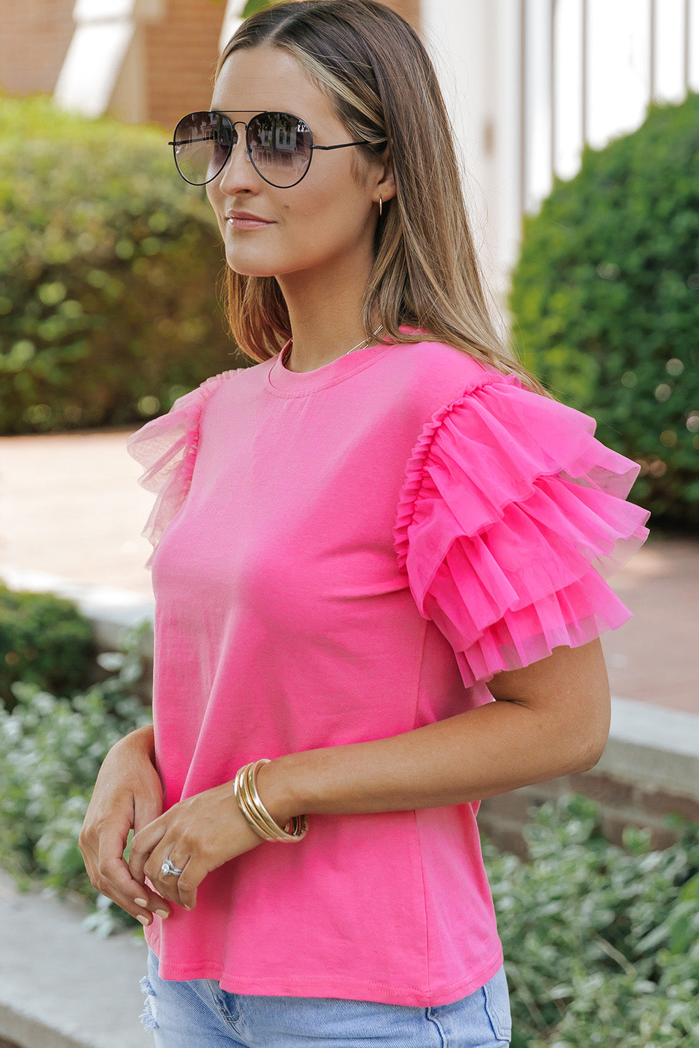 Fiery Red Tulle Ruffle Sleeve Top