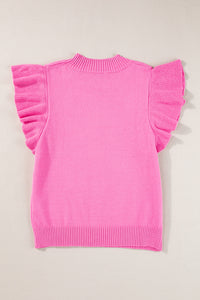 Bonbon Ribbed Mock Neck Ruffled Short Sleeve Sweater