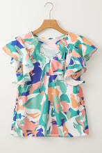 Load image into Gallery viewer, Green Abstract Print Notched Neck Flutter Sleeve Blouse
