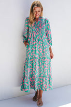 Load image into Gallery viewer, Green Abstract Print Puff Sleeve Tied Notched Neck Long Dress
