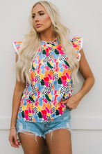 Load image into Gallery viewer, Pink Multicolor Abstract Print High Neck Flutter Sleeves Top
