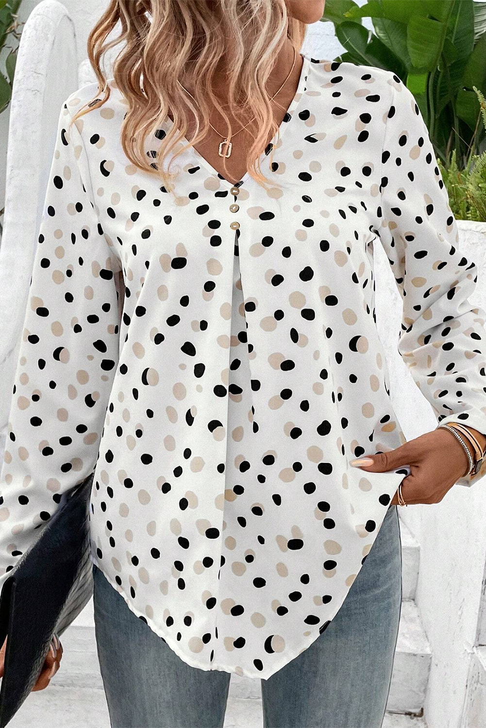 Green Polka Dot Print Button Front V Neck Blouse