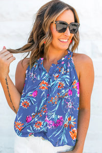 Bright Green Floral Print Buttoned Neckline Tank Top