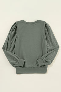 Grayish Green Textured Patchwork Round Neck Sweatshirt