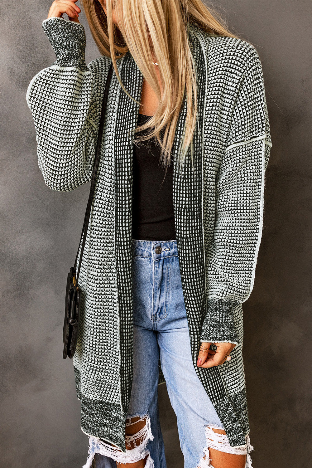 Yellow Plaid Knitted Long Open Front Cardigan