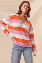 Load image into Gallery viewer, Orange Stripe Colorblock V Neck Casual Sweater
