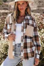 Load image into Gallery viewer, Khaki Thermal Knit Plaid Patchwork Shacket
