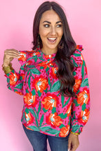 Load image into Gallery viewer, Rose Floral Print Pleated Ruffled O Neck Plus Size Blouse
