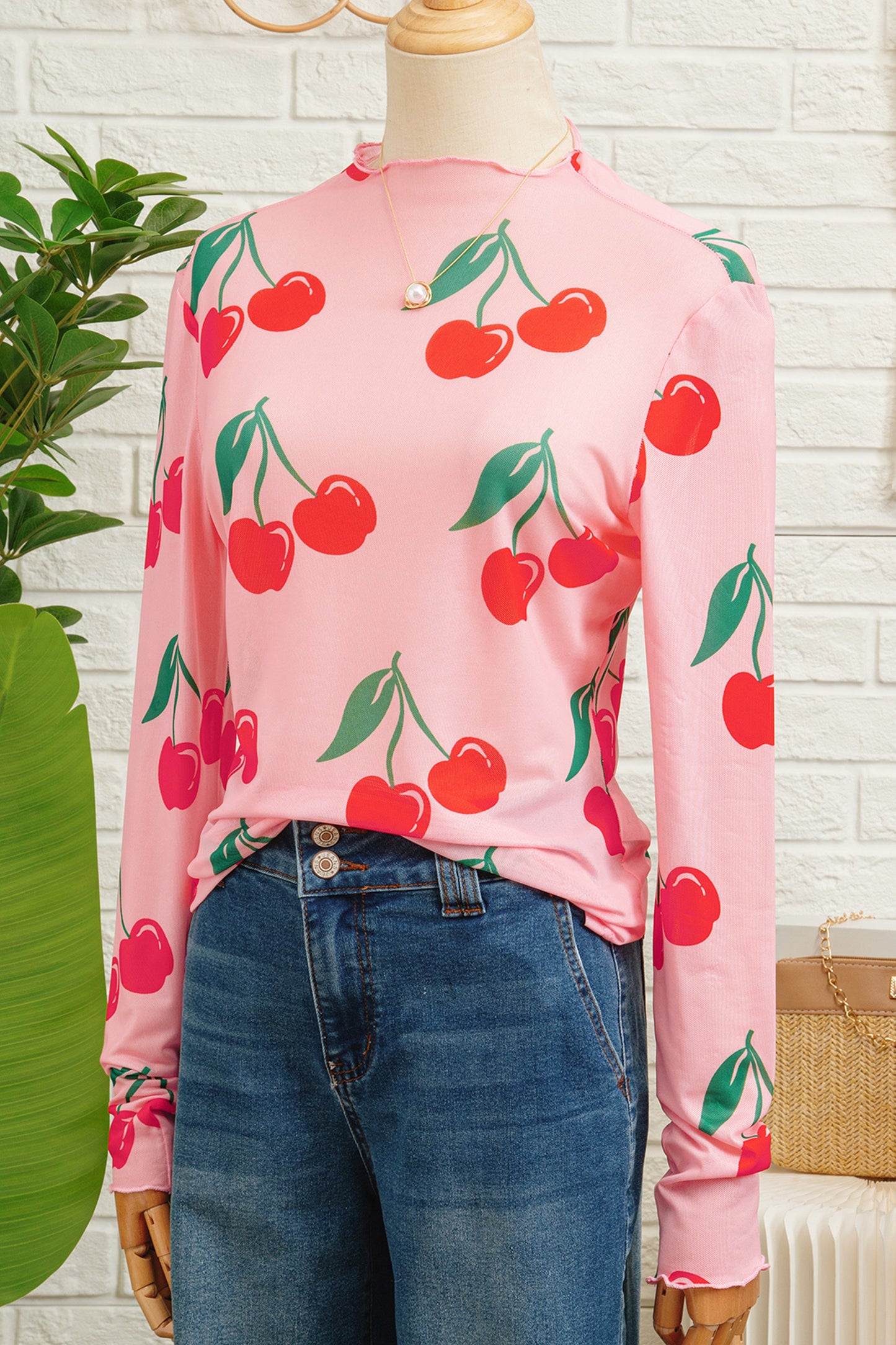 Pink Cherry Print Lettuce Trim Long Sleeve Mesh Top