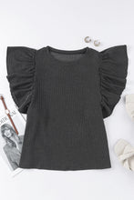 Load image into Gallery viewer, Black Ribbed Knit Ruffled Short Sleeve T Shirt
