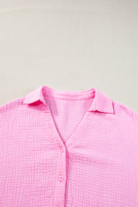 Bonbon Solid Color Puff Sleeve Crinkled Shirt