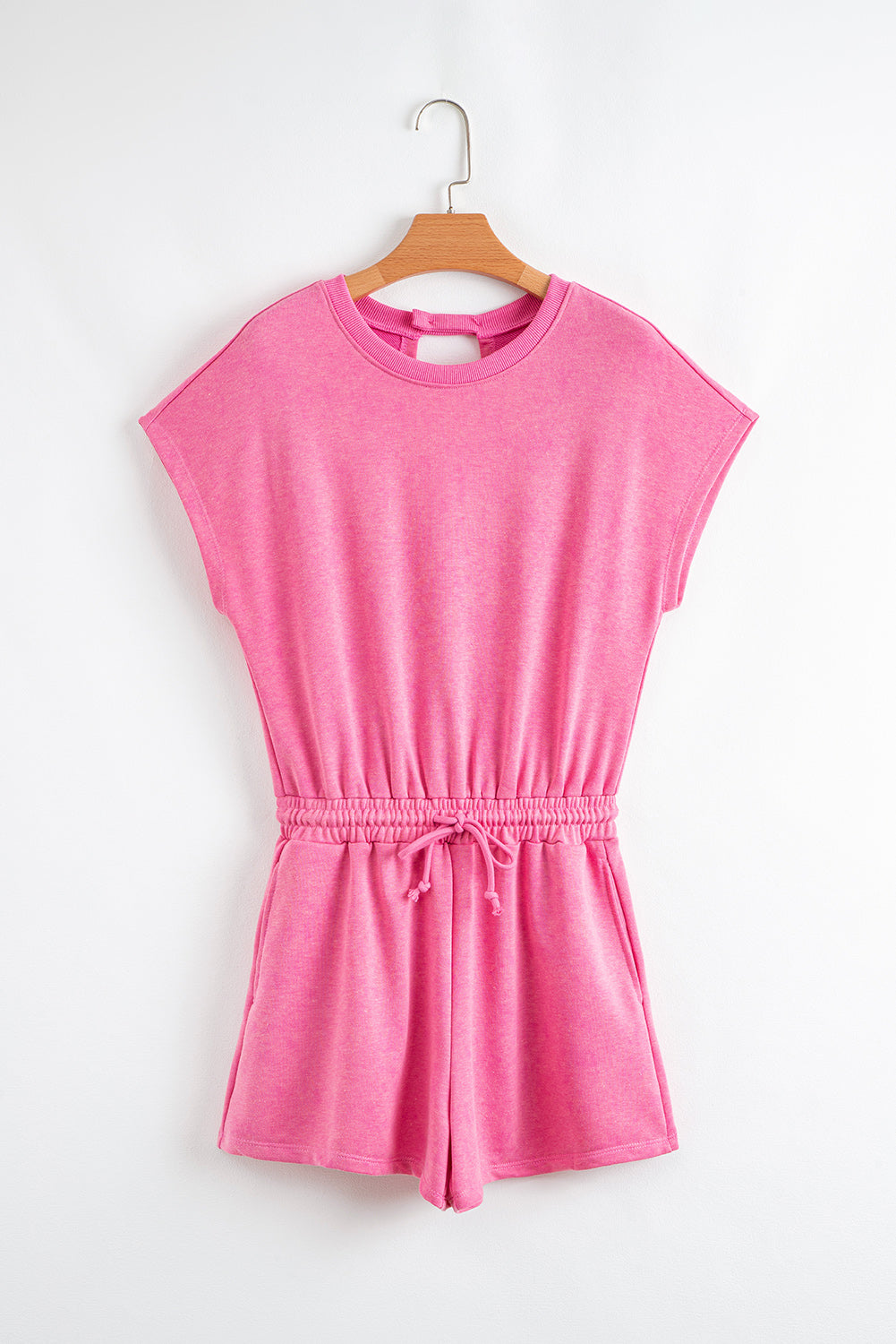 Mist Blue Mineral Wash Drawstring Waist Hollow Out Back Short Sleeve Romper