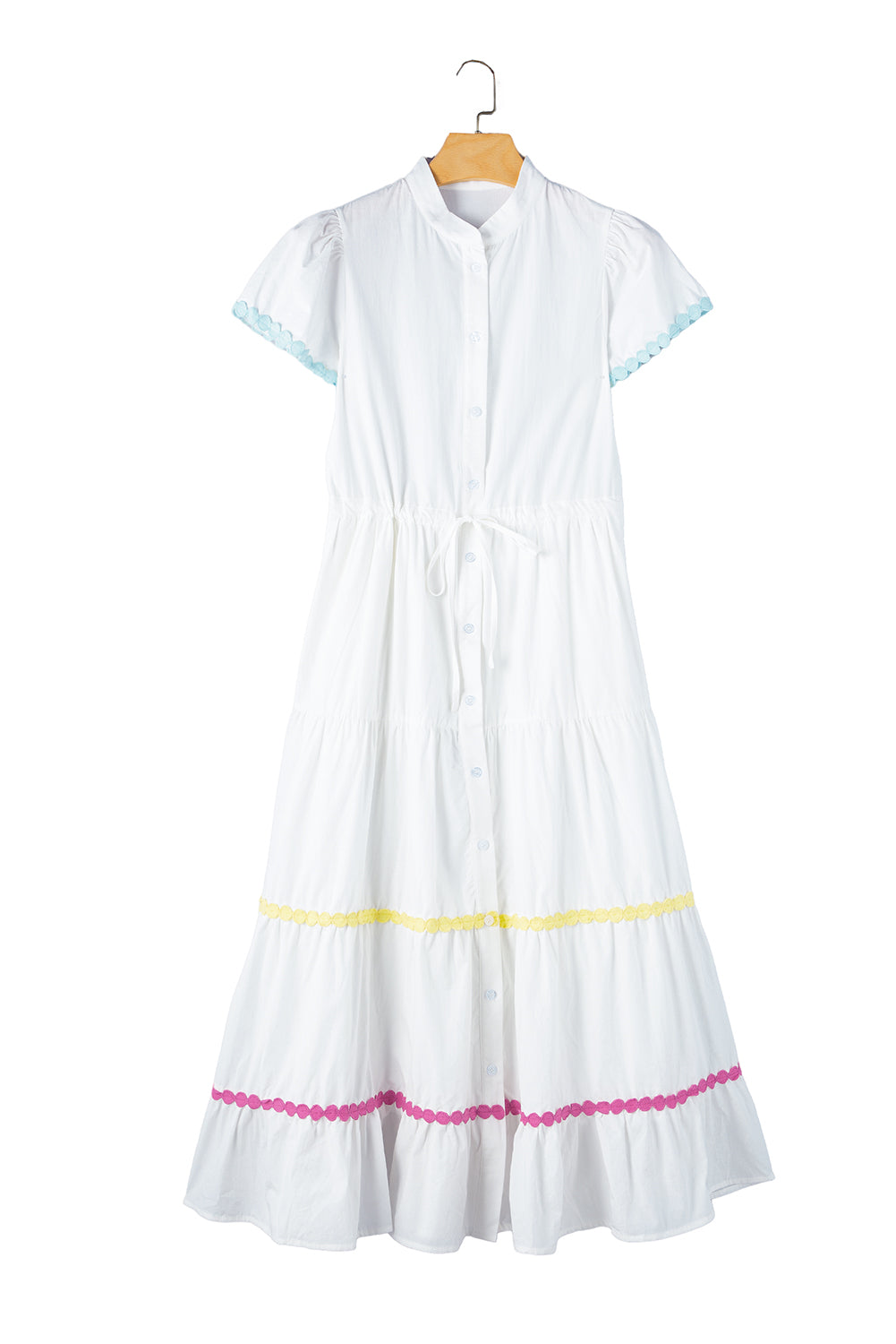 White Colorblock Rickrack Trim Short Sleeve Drawstring Waist Long Dress