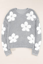 Load image into Gallery viewer, Light Grey Big Flower Hollowed Knit Drop Shoulder Sweater
