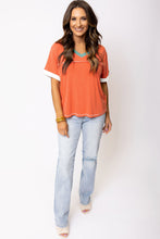 Load image into Gallery viewer, Grapefruit Orange Contrast Trim Exposed Seam V Neck T-shirt
