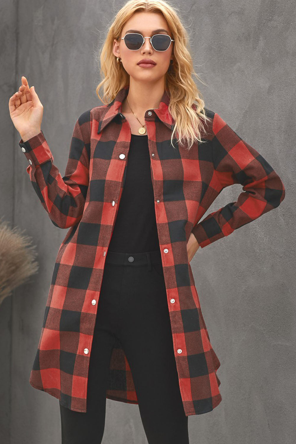 Green Turn-down Collar Plaid Shirt Coat