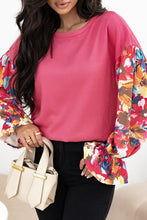 Load image into Gallery viewer, Sachet Pink Flower Patchwork Ruffled Sleeve Ribbed Knit Drop Shoulder Top
