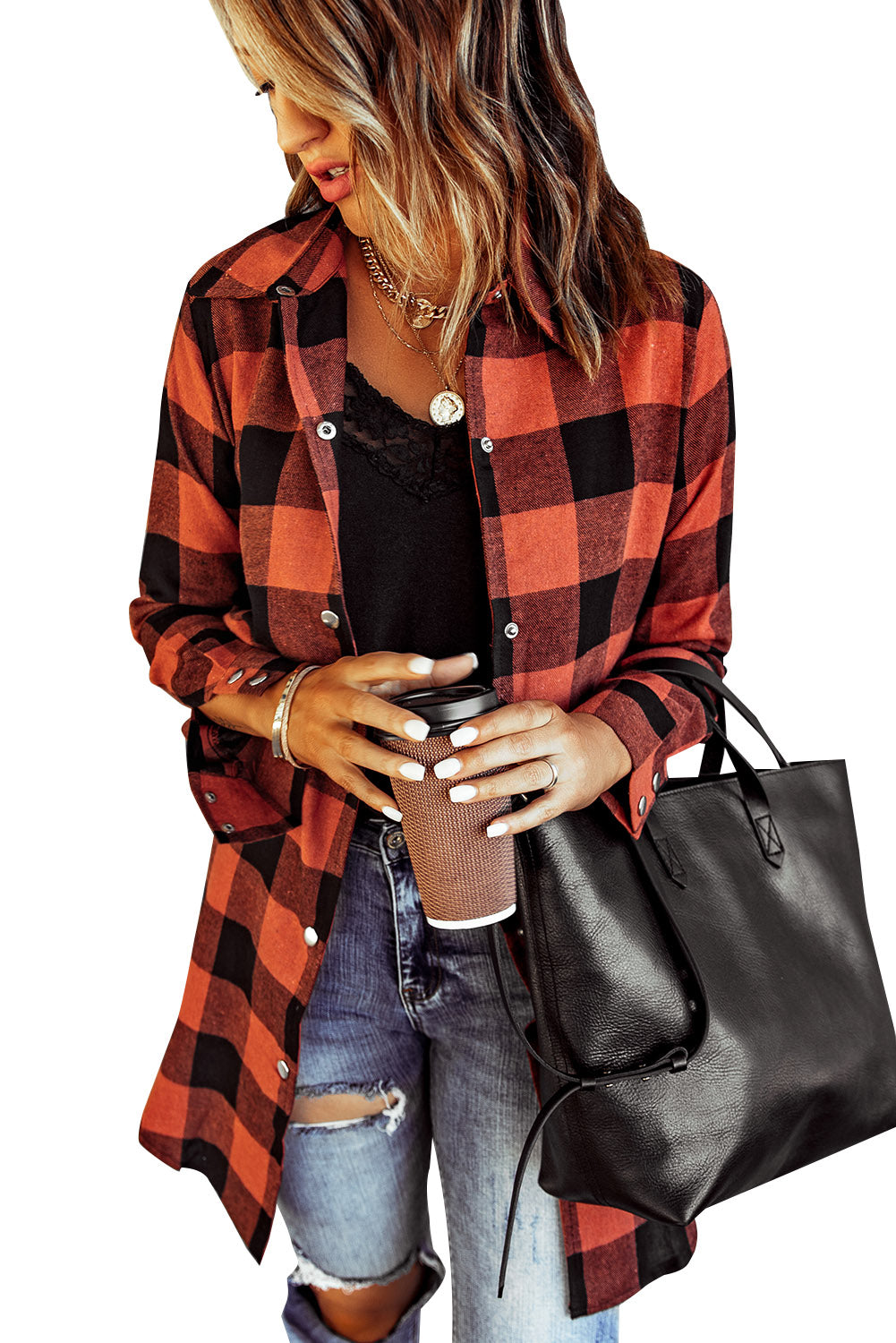 Green Turn-down Collar Plaid Shirt Coat