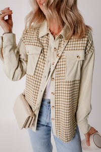 Parchment Houndstooth Corduroy Patchwork Flap Pocket Shacket