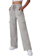 Load image into Gallery viewer, Light Grey Multi Pockets Lace-up High Waist Wide Leg Workout Pants
