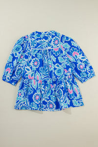 Blue Mix Floral Printed Lace Detail Bracelet Sleeve Blouse