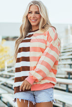 Load image into Gallery viewer, Brown Stripe Color Block Drop Shoulder Pullover Sweatshirt
