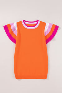 Carrot Contrast Flutter Sleeves Knitted Sweater T Shirt