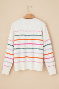 White Colorful Striped Ribbed Trim Sweater