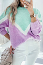 Load image into Gallery viewer, Green Chevron Colorblock Ribbed Knit Drop Shoulder Sweater
