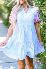 Load image into Gallery viewer, Sky Blue Stripe Contrast Floral Puff Sleeve Tiered Ruffle Dress
