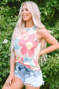 Pink Floral Print Round Neck Sleeveless Top