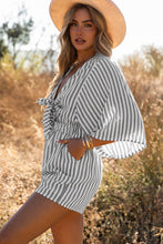 Load image into Gallery viewer, Gray 3/4 Wide Kimono Sleeves Tie Front Striped Romper with Pockets
