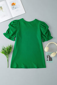 Dark Green Textured Ruffled Short Puff Sleeve Top