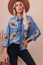 Load image into Gallery viewer, Sky Blue Sequin Patchwork Flap Pockets Raw Hem Denim Jacket
