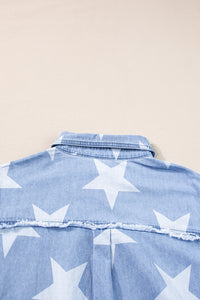 Sky Blue Stars Frayed Hem Collared Short Sleeve Denim Dress