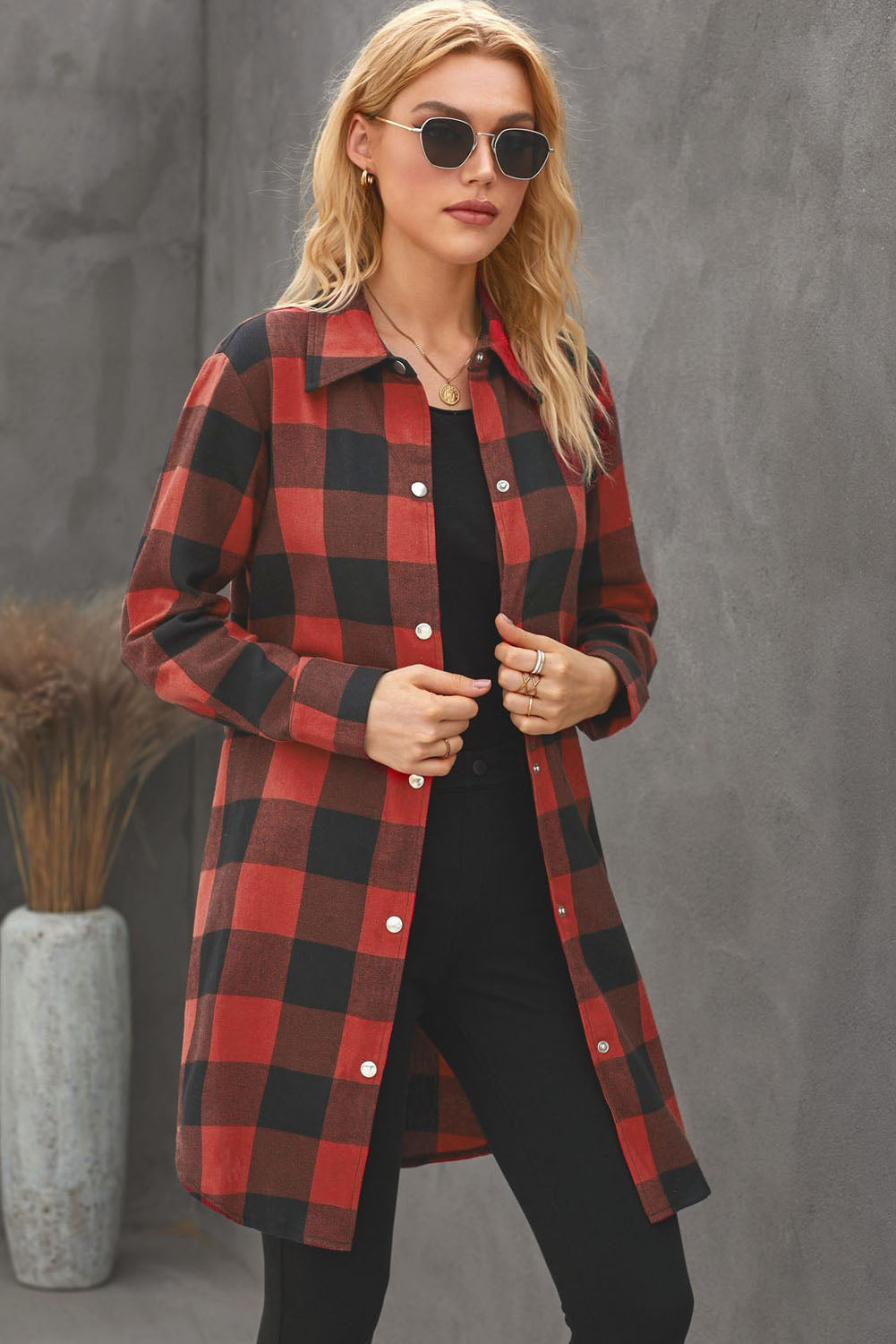 Green Turn-down Collar Plaid Shirt Coat