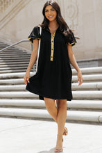 Load image into Gallery viewer, Black Sequin Trim Bubble Sleeve Game Day Shirt Dress
