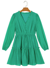 Load image into Gallery viewer, Sea Green Frilly V Neck Puff Sleeve Drawstring Shift Mini Dress
