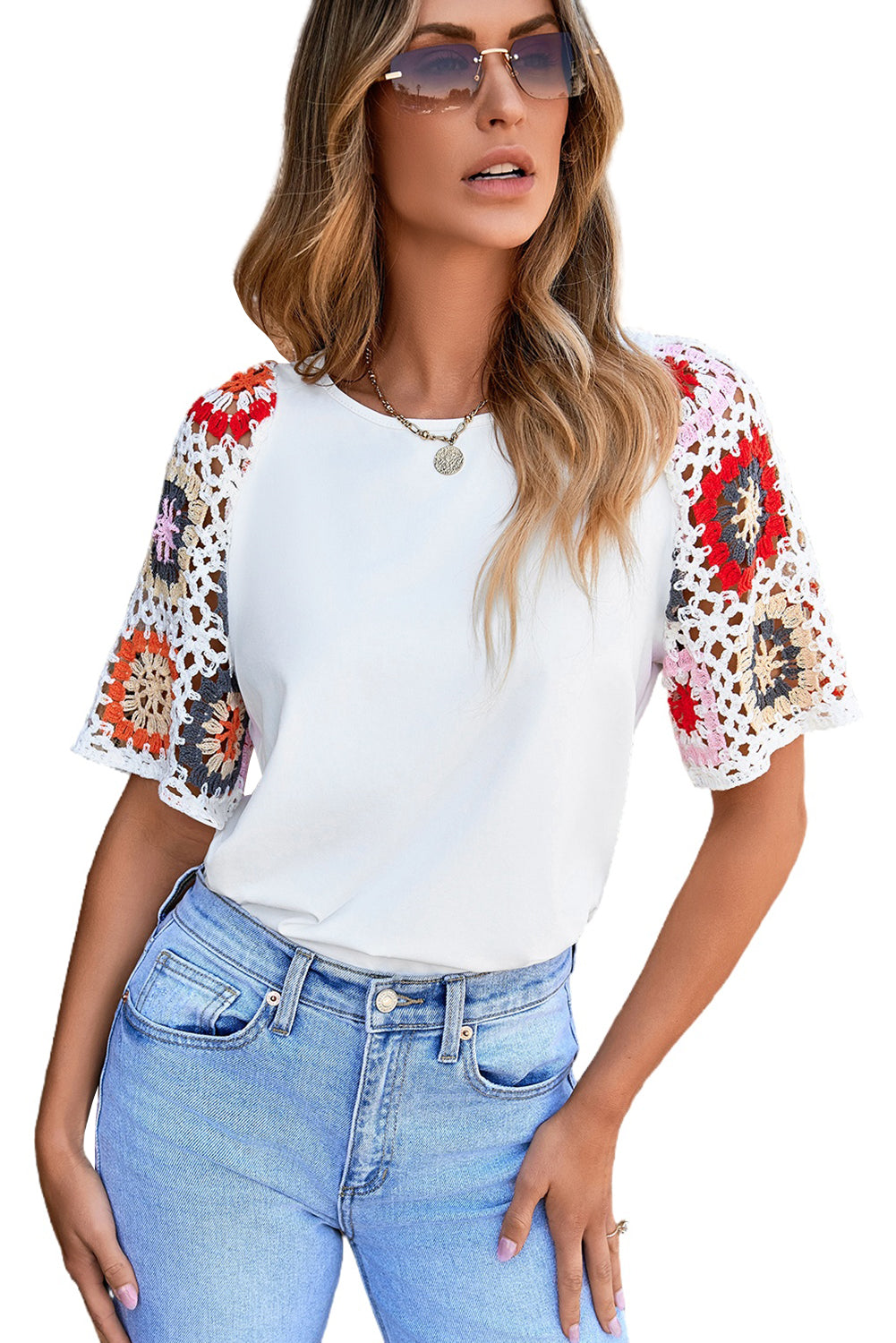 Black Floral Crochet Short Sleeve Top