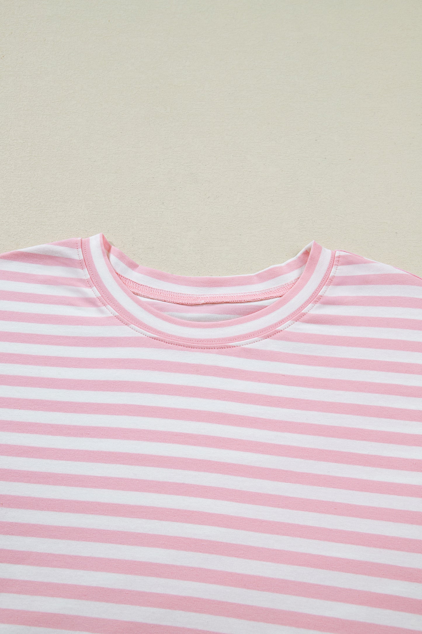 Pink Stripe Drop Shoulder Round Neck Top and Buttoned Straight Pants Two Piece Set